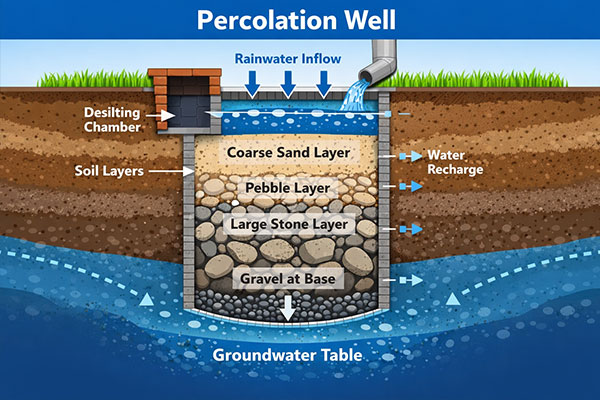 construction-of-percolation-well-ahmedabad Cross section diagram of a percolation well showing sand, pebble, and stone layers for groundwater recharge.