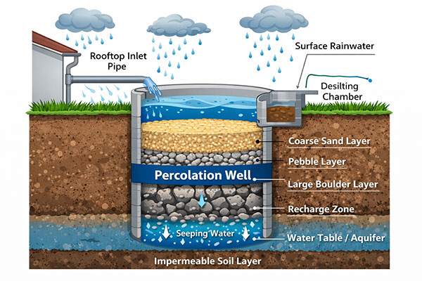 groundwater-recharge-system-diagram Illustration showing rainwater flowing into the ground through a percolation well recharge system.