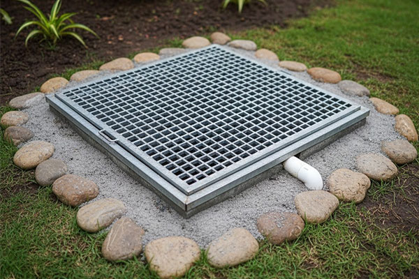 rainwater-harvesting-percolation-well Top view of a rainwater harvesting percolation well with safety cover for groundwater recharge.